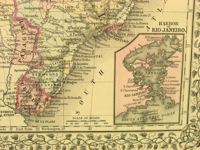 1880 Mitchell's Atlas Map CHILI BRAZIL BOLIVA EUROPE