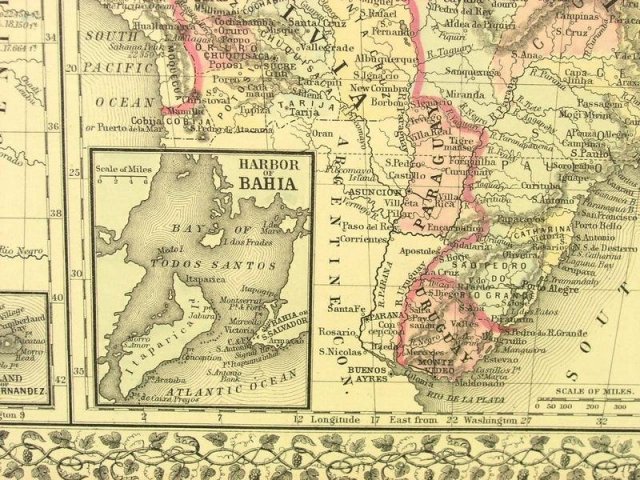 1880 Mitchell's Atlas Map CHILI BRAZIL BOLIVA EUROPE