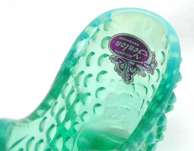 Fenton Green Opalescent Glass Cat Slipper Shoe