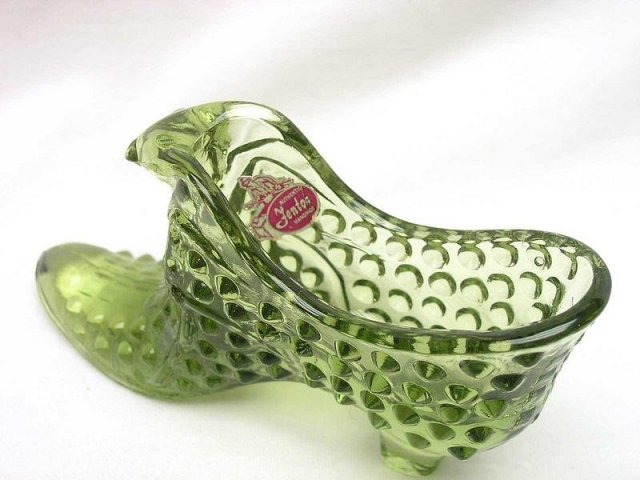 Fenton Colonial Green Glass Cat Slipper Shoe