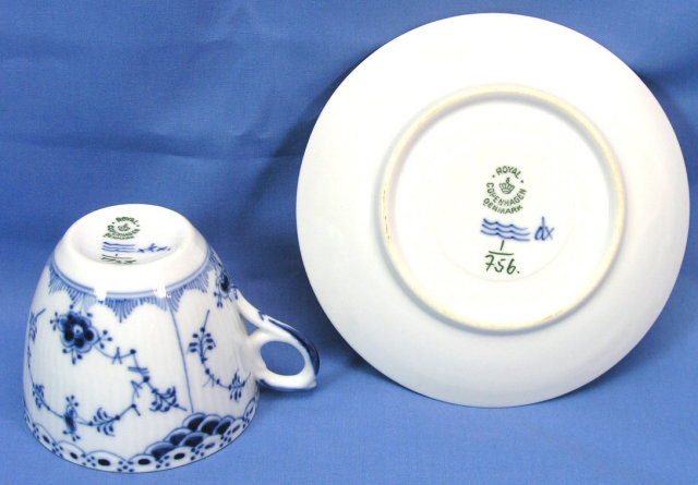 Royal Copenhagen BLUE FLUTED HALF LACE Cup & Saucer 756