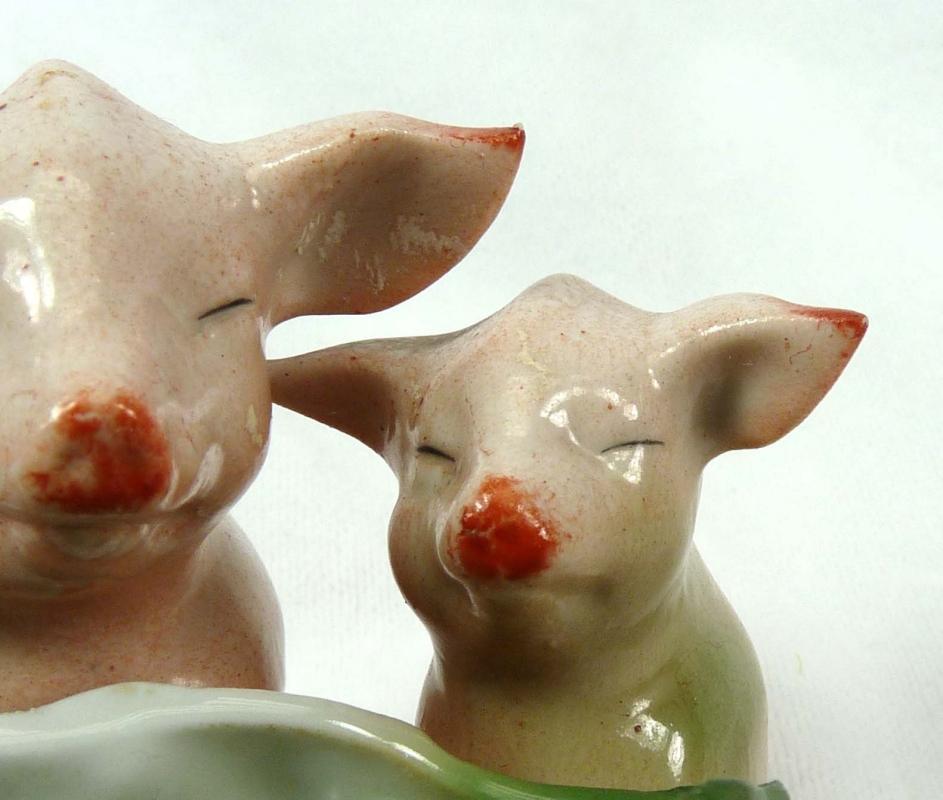 Old German Porcelain 3 PINK PIGS Trough Open Salt