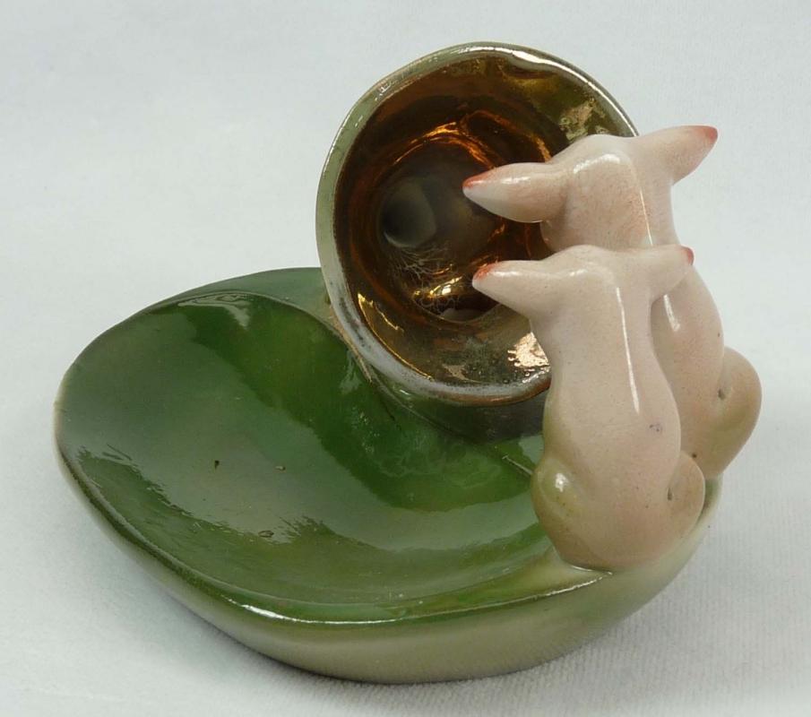 Old German 2 PINK PIGS with Phonograph Horn Dish