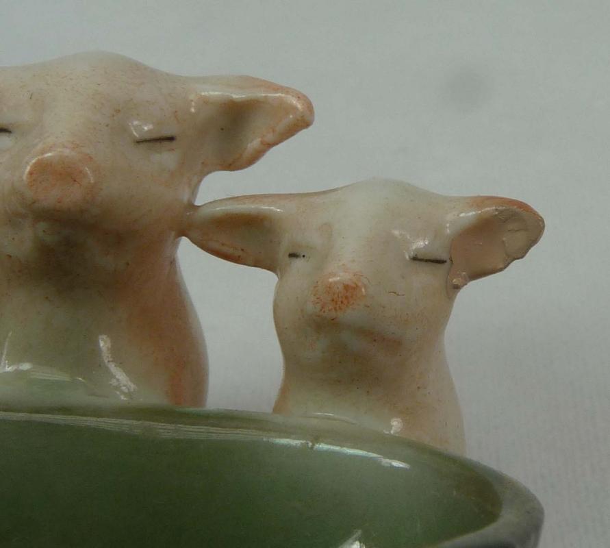 Old German Porcelain 3 PINK PIGS w/ Green Basket