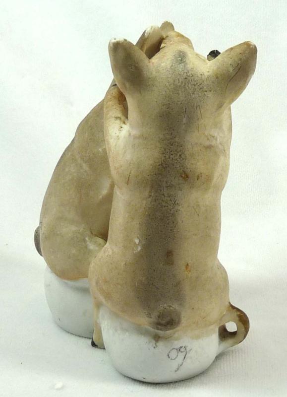 Old German Bisque 2 pink PIGS Sitting on Cup Whispering