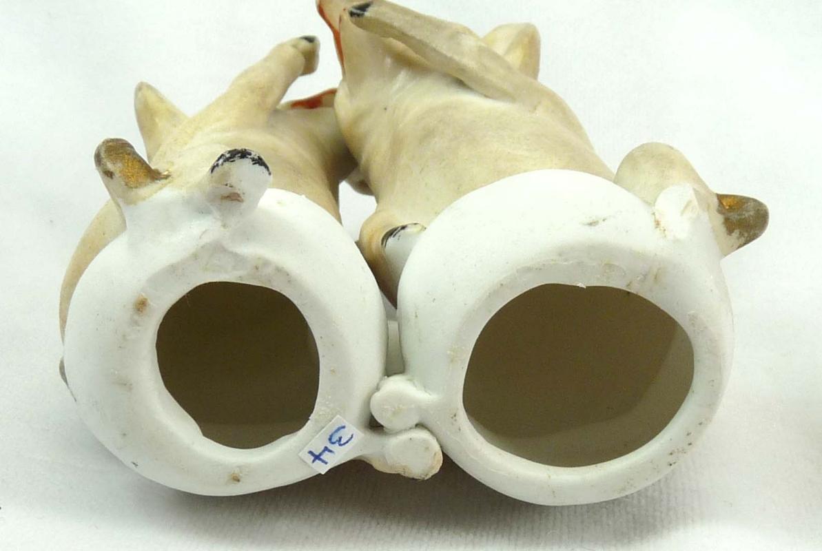 Old German Bisque 2 pink PIGS Sitting on Cup Whispering