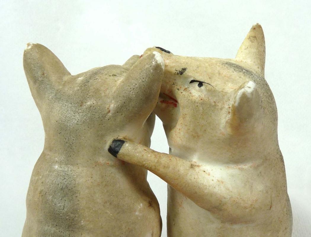 Old German Bisque 2 pink PIGS Sitting on Cup Whispering