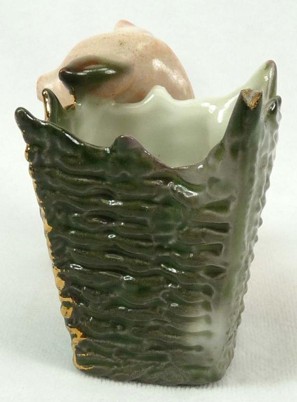 Old German Porcelain PINK PIG in Green Basket Toothpick
