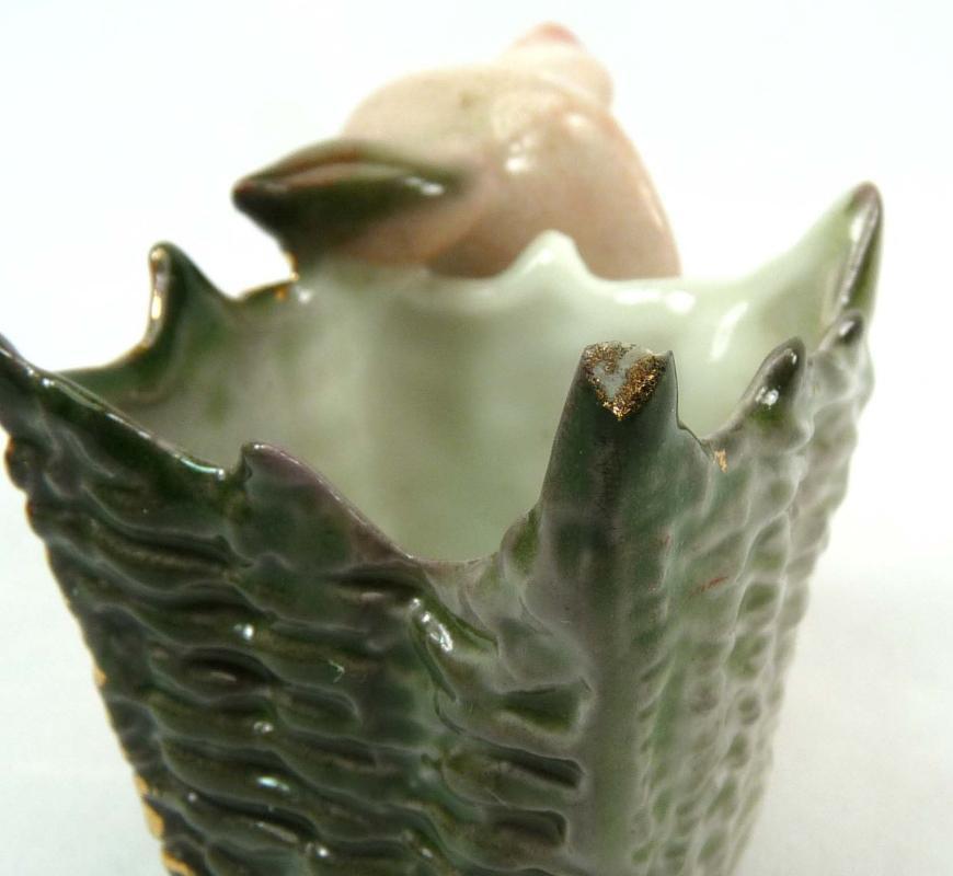 Old German Porcelain PINK PIG in Green Basket Toothpick