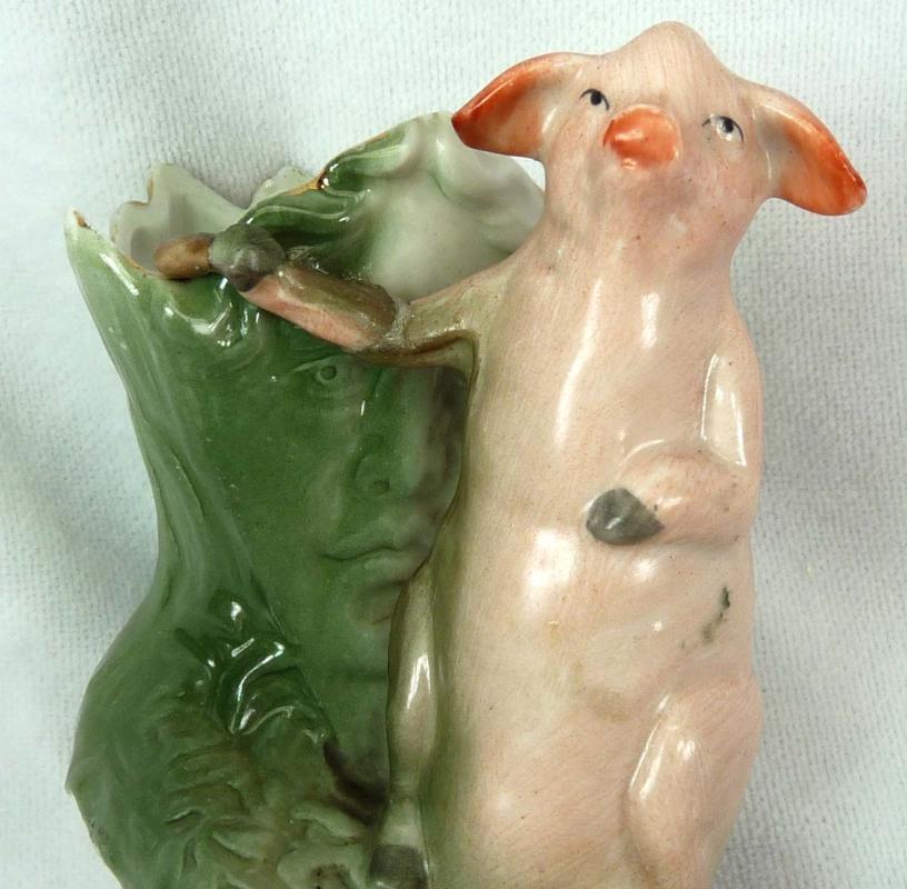 Old German Porcelain PINK PIG Toothpick Holder w/ Face