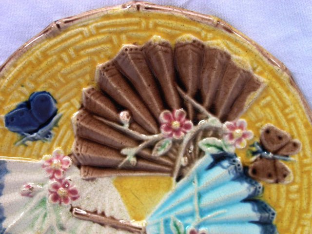 Antique MAJOLICA Plate with 3 Fans Butterfly