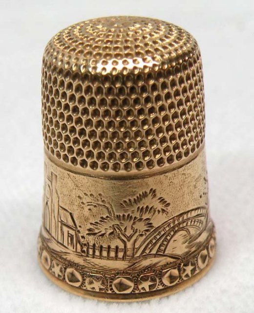 1880's Simons 14K GOLD Thimble Landscape Scene Village
