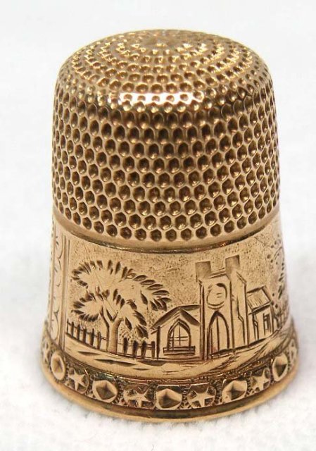 1880's Simons 14K GOLD Thimble Landscape Scene Village