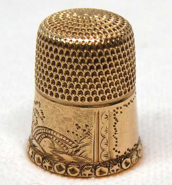 1880's Simons 14K GOLD Thimble Landscape Scene Village