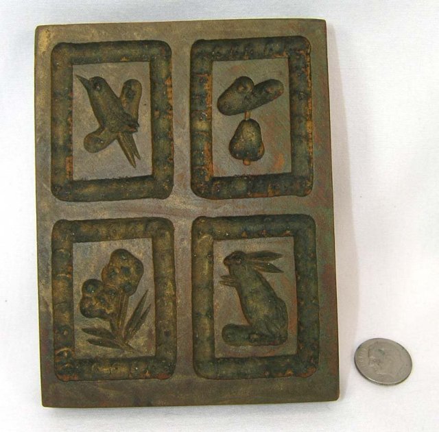 Antique Wood Butter Mold Stamp Rabbit Bird Flower