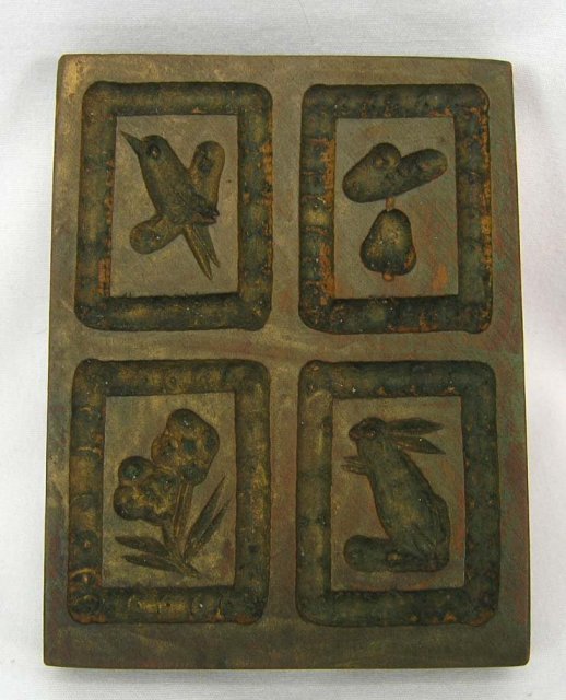 Antique Wood Butter Mold Stamp Rabbit Bird Flower