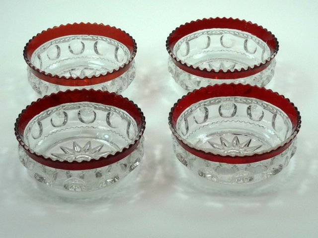 4 ADAMS Ruby Stained KINGS CROWN Berry Bowls c 1880
