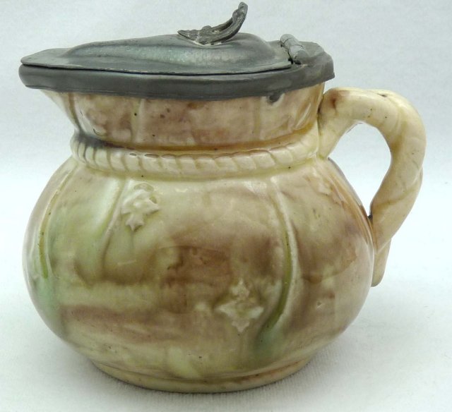Old MAJOLICA Pewter Lid Syrup Pitcher w/ Pink Interior