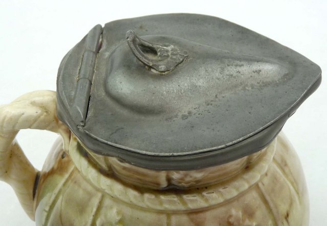 Old MAJOLICA Pewter Lid Syrup Pitcher w/ Pink Interior