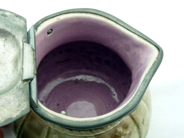 Old MAJOLICA Pewter Lid Syrup Pitcher w/ Pink Interior