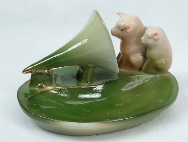 Old German 2 PINK PIGS with Phonograph Horn Dish