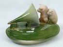 Old German 2 PINK PIGS with Phonograph Horn Dish