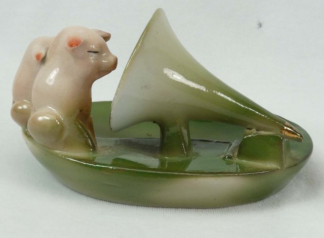 Old German 2 PINK PIGS with Phonograph Horn Dish