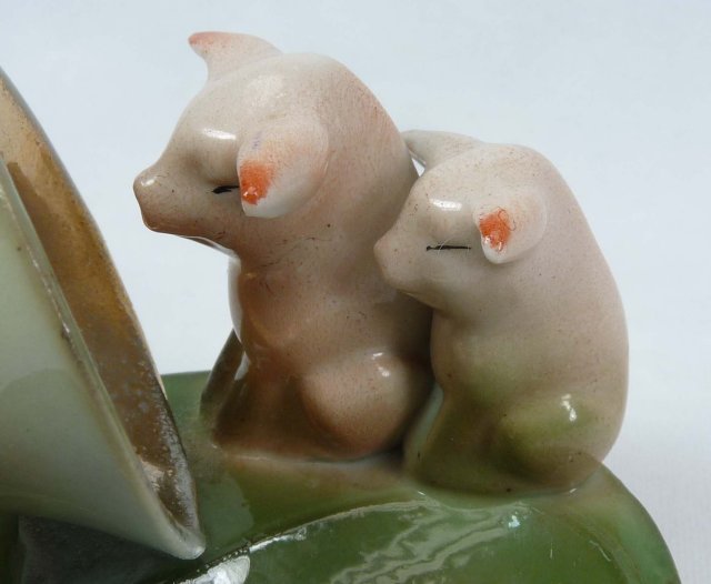 Old German 2 PINK PIGS with Phonograph Horn Dish