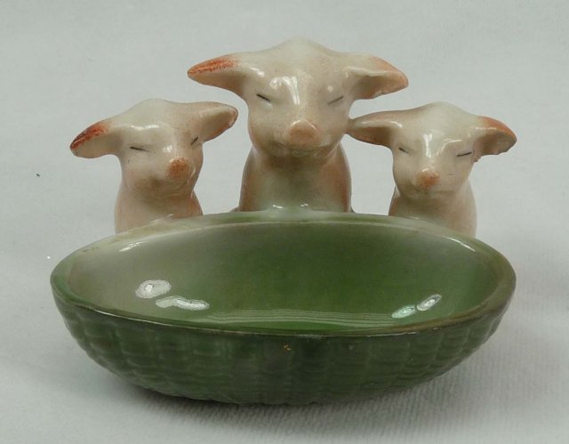 Old German Porcelain 3 PINK PIGS w/ Green Basket