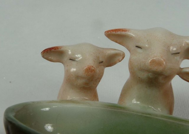 Old German Porcelain 3 PINK PIGS w/ Green Basket
