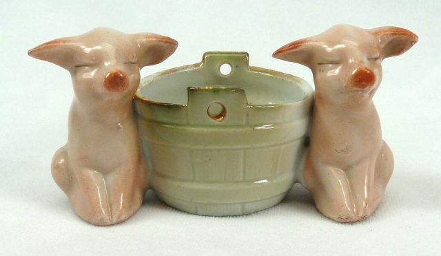 Old German 2 PINK PIGS Bucket Toothpick Match Holder