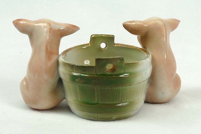 Old German 2 PINK PIGS Bucket Toothpick Match Holder