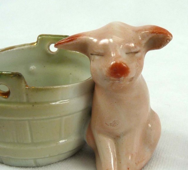 Old German 2 PINK PIGS Bucket Toothpick Match Holder