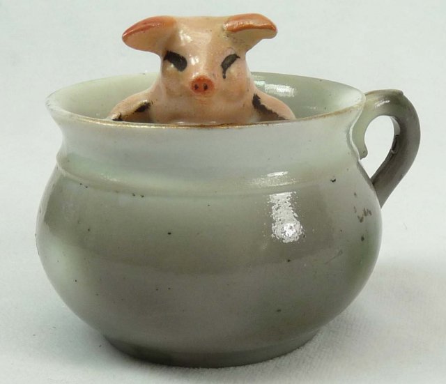 Old German Porcelain PINK PIG in Green Teacup