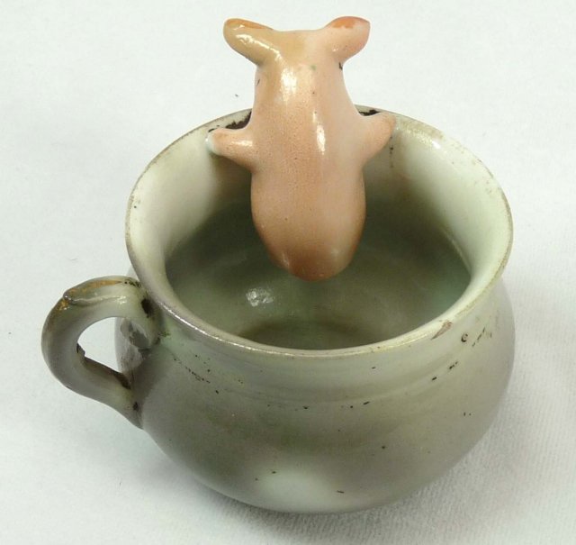 Old German Porcelain PINK PIG in Green Teacup