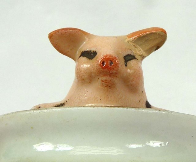 Old German Porcelain PINK PIG in Green Teacup