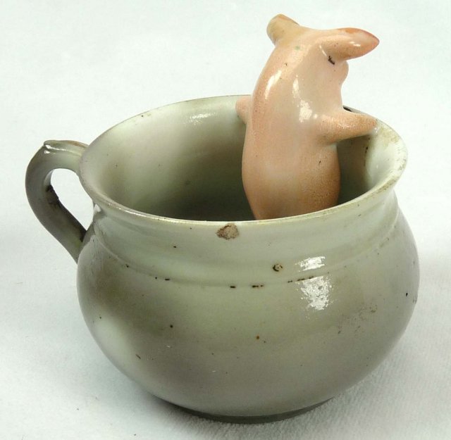 Old German Porcelain PINK PIG in Green Teacup