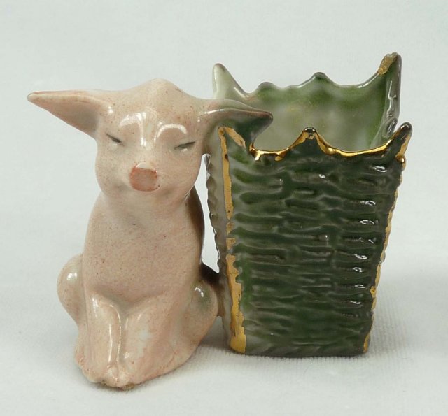 Old German Porcelain PINK PIG in Green Basket Toothpick