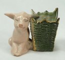 Old German Porcelain PINK PIG in Green Basket Toothpick