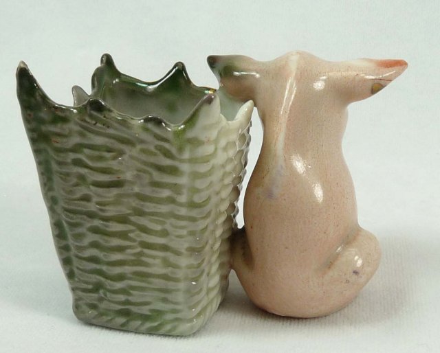 Old German Porcelain PINK PIG in Green Basket Toothpick