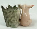 Old German Porcelain PINK PIG in Green Basket Toothpick