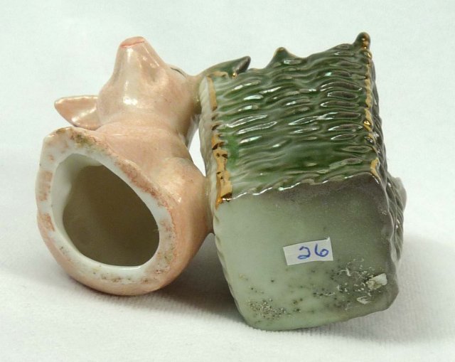 Old German Porcelain PINK PIG in Green Basket Toothpick