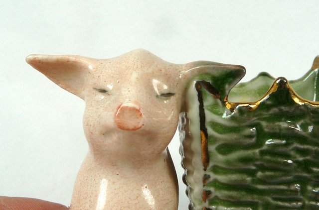 Old German Porcelain PINK PIG in Green Basket Toothpick