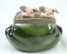 Old German Porcelain 2 PINK PIGS Peeking Green Purse
