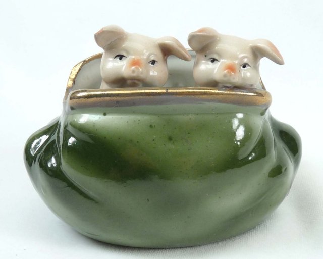 Old German Porcelain 2 PINK PIGS Peeking Green Purse