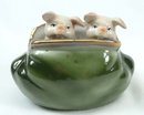 Old German Porcelain 2 PINK PIGS Peeking Green Purse