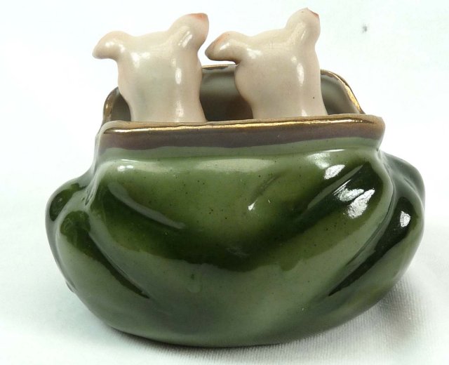 Old German Porcelain 2 PINK PIGS Peeking Green Purse