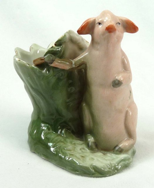 Old German Porcelain PINK PIG Toothpick Holder w/ Face
