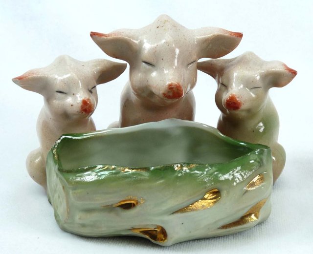 Old German Porcelain 3 PINK PIGS Trough Open Salt