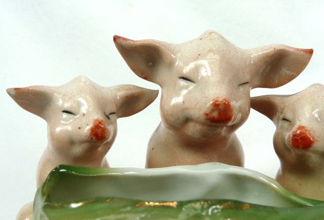 Old German Porcelain 3 PINK PIGS Trough Open Salt